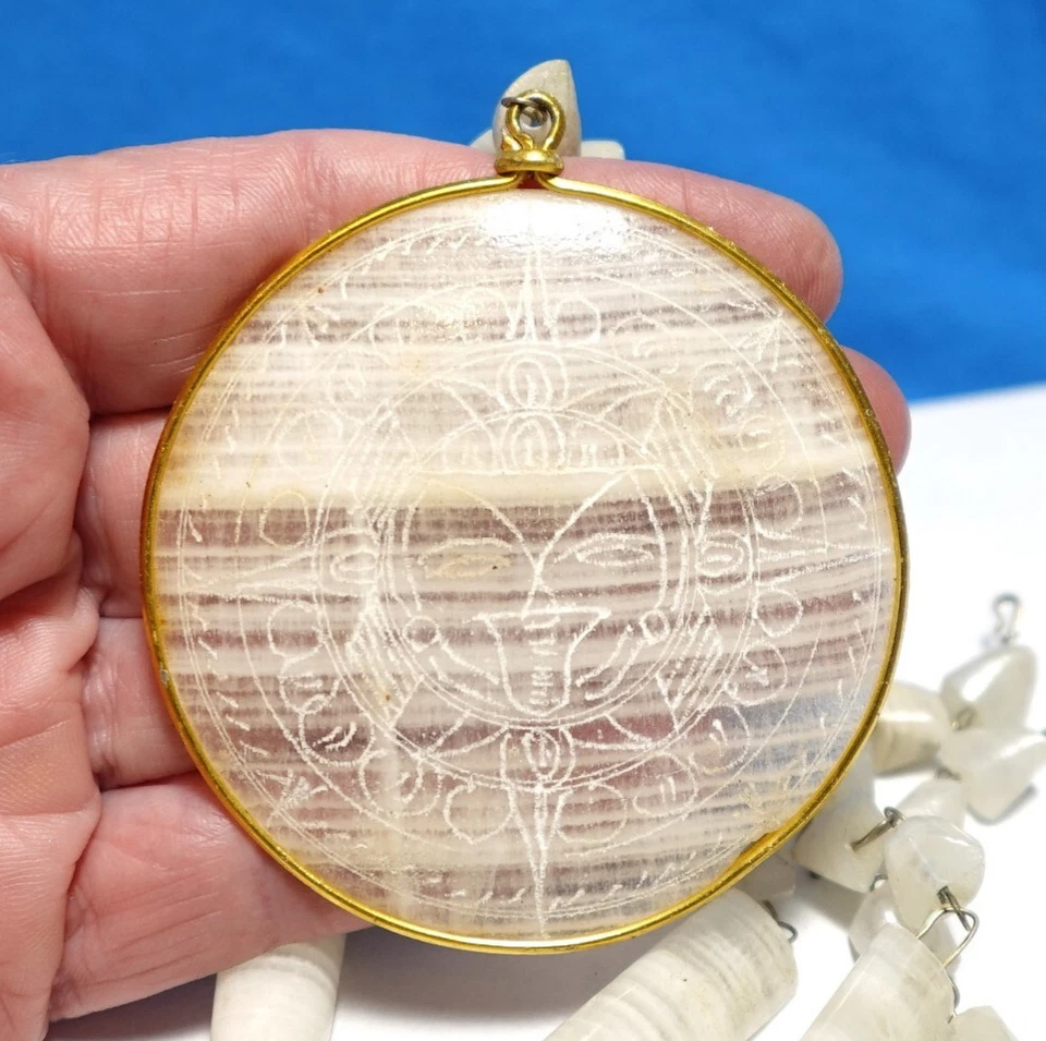 COLLAR ÁGATA BLANCO RAYAS CLARAS ENORME DISEÑO AZTECA COLGANTE 24 PULGADAS 74 GRAMOS Foto 2 de 2