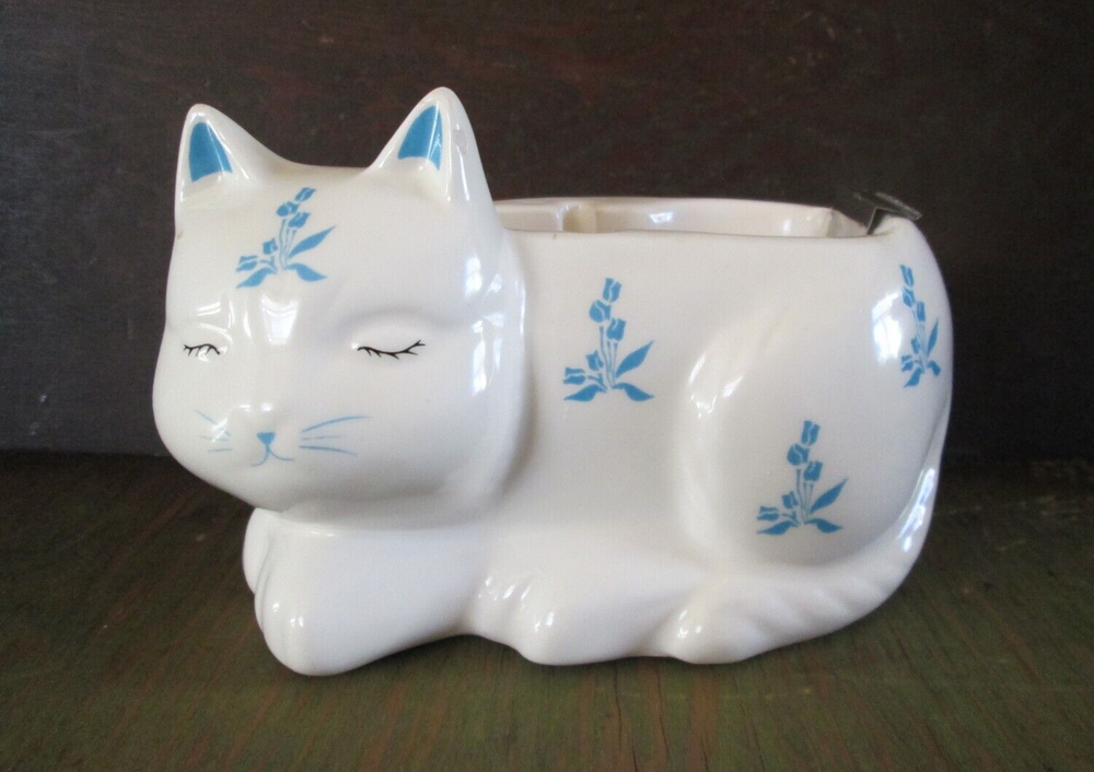 Vintage Ceramic Sleepy Blue & White Kitty Cat Tape Dispenser Desk Office 5.5”
