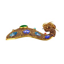 Vintage Chinese Gilt-Gold Wire Enamel Inlay Gem Dragon Head Belt Buckle