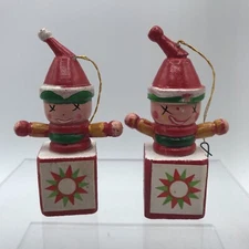 Vintage Pair Of Wooden Jack in the box Christmas Ornament  Hand Painted