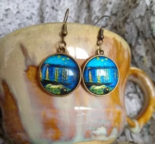 Vincent Van Gogh Starry Night Over the Rhone Handmade Glass Dome Dangle Earrings