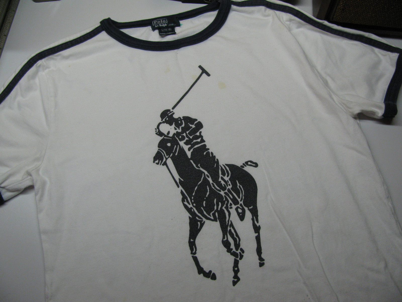 POLO VINTAGE RALPH LAUREN T SHIRT Big Pony Ringer maglietta bianca manica corta HTF Europa