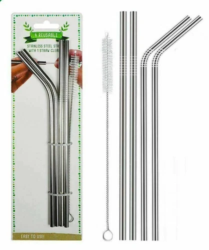 Set Of 5 Straws Stainless Steel Eco-Friendly Reusable With Cleaning Brush (5pk)