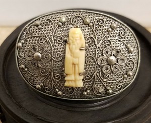Antique Chinese Export Silver Filigree Carved Image Of A Man With Staff Brooch
