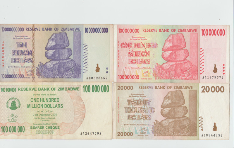 Zimbabwe 4 Banknotes 100 Million,10 Billion and 20,000 Dollars 2008