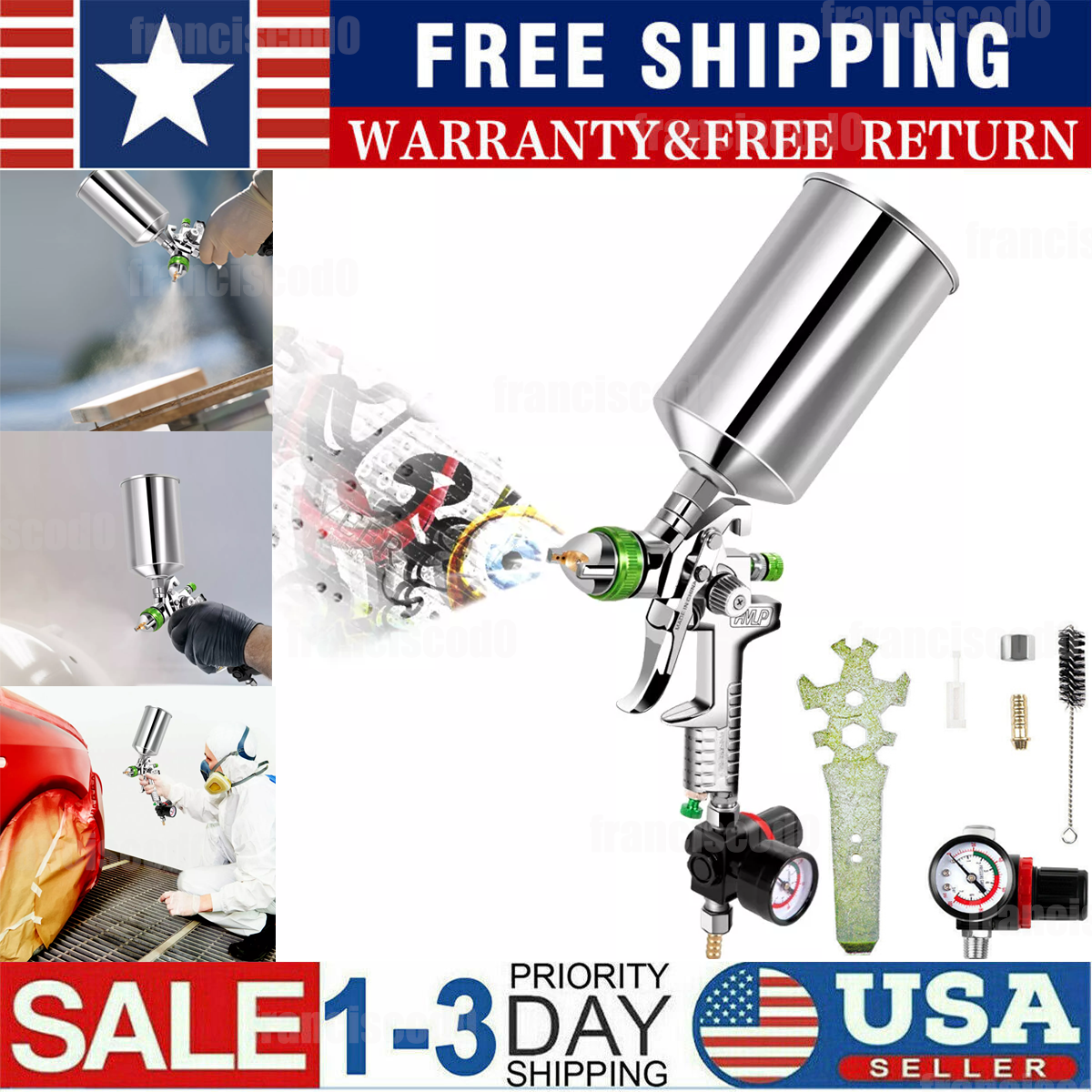 HVLP Spray Gun Gravity Feed Car Primer Paint Kit 2.5mm Nozzles 1000ML USA