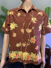 Vintage Hilo Hattie's Shirt Mens Med Brown Floral Hawaiian Tiki Aloha 70's