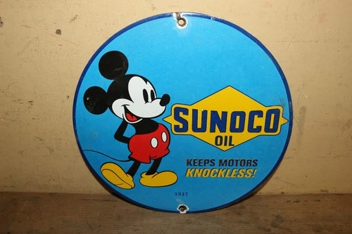 Vtg Dated 1937 Sunoco Sun Oil Gasoline Gas Station Mickey Mouse Porcelain Sign