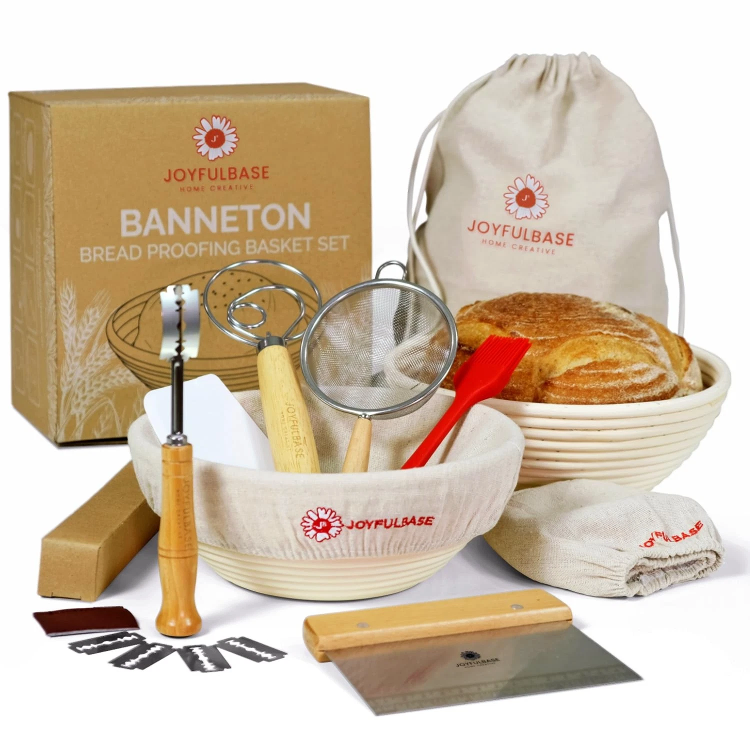 JOYFULBASE Banneton Bread Proofing Basket Set of 2 Sourdough Starter Kit with...