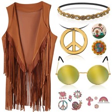 60s 70s Outfits Women Hippie Costume Set Fringe Vest Tops Halloween Clothes