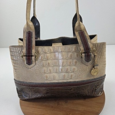 Brahmin Crocodile Embossed Leather Tote Bag Beige Brown Top Handle