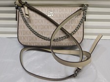 DKNY WOMANS CROSSBODY BEIGE AND SILVER LOGO PURSE 02509