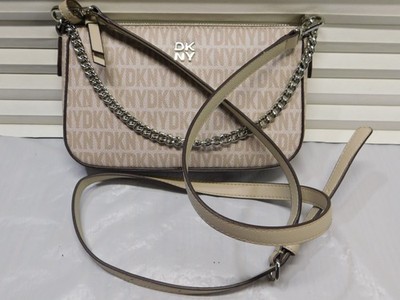 DKNY WOMANS CROSSBODY BEIGE AND SILVER LOGO PURSE #02509