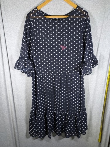 Betsey Johnson Dress Womens 16W Navy Polka Dot Half Sheer Half Lined Fun Retro - Picture 1 of 9