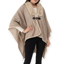 Charter Club Women Cape Faux Fur Collar Tan Brown Plaid Shawl Wrap Poncho FUL708
