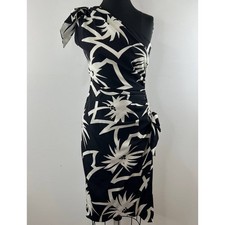 VINTAGE Black White Floral One Shoulder Knee Length Bodycon Bow Dress 2 4 VTG