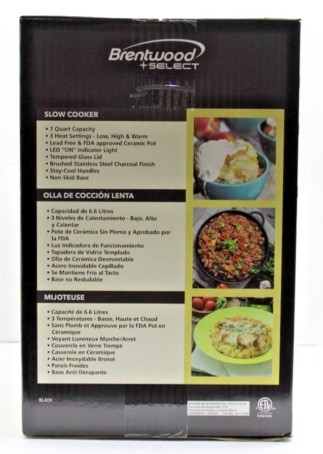 Olla de cocción lenta Brentwood Select - Olla de cerámica negra sin plomo de 7 cuartos - Nueva en caja Foto 3 de 3