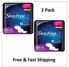 Stayfree Ultra Thin Overnight Pads with Wings, 40 Ct, Multi-Fluid ( 2 Pack)