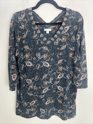 J Jill Women's M V-Neck 3/4 Sleeve Denim Blue Brown Floral Long Pullover Top