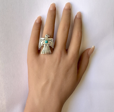 Navajo Turquoise Thunderbird Ring Sz 6.5 Delgarito Band Native