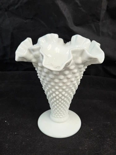 FENTON HOBNAIL WHITE MILK GLASS FOOTED TRUMPET VASE 8" RUFFLE CRIMPED LARGE 3958