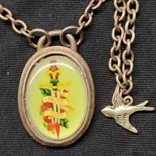 Classic Hardware "Trust Lust" Dagger & Bluebird Charm Pendant Necklace 16"