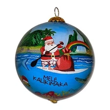 Surfer Santa Collectible Hawaiian Ornament Hand-Painted Glass with Gift Box 