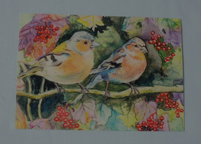 1x Postkarten Beerenschmaus Vögel Anne C. Wenzel Kunst (S) A6 Beeren Ast Paar Vo