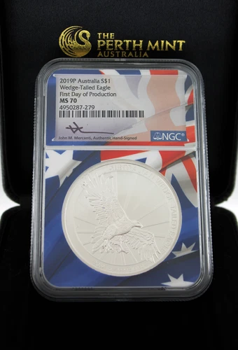 2019 P $1 AUD 1 oz Silver Wedge-Tailed Eagle NGC MS70 FDOP Mercanti Flag Core