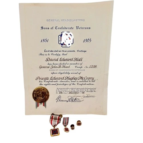 Vtg Sons of Confederate Veterans Medals Badge & Ribbons Pins Certificate 1985