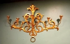 38" Wide Mid Century 7 Arm Italian Tole Gold Gilt Wood & Metal Wall Candelabra