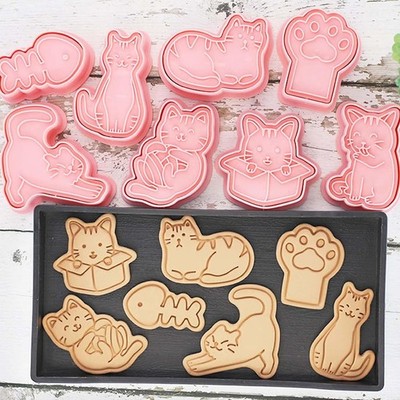 8pcs Cat Cookie Cutters Set, 3D Cute Stamps, Cupcake Pancake Apple Pie Pastry Bi