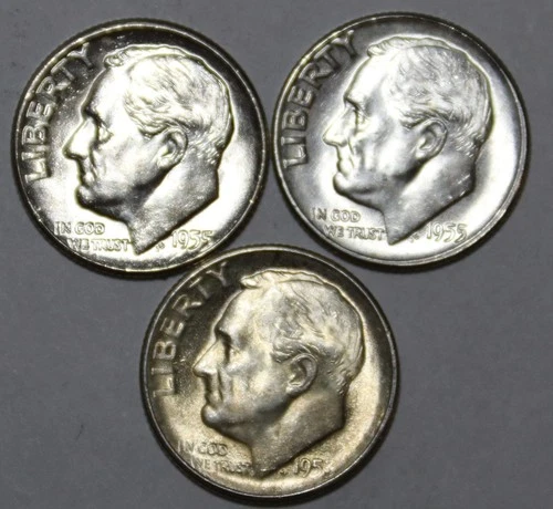 (3) Roosevelt Dimes - 1953S 1955D 1955P - UNC/BU - #0500ED
