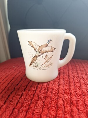 Vintage Fire King Glass Mug Ring-Necked Pheasant Game Bird Oven Ware
