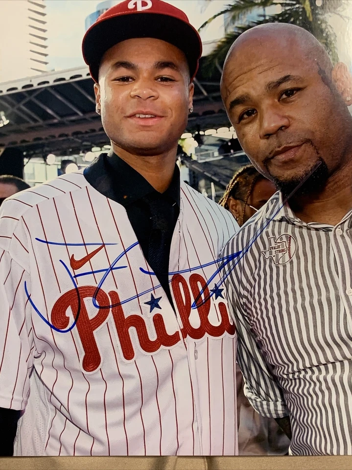 Foto autógrafa firmada por Justin Crawford de 8x10 2022 primera selección Rd Phillies papá Carl Foto 2 de 2