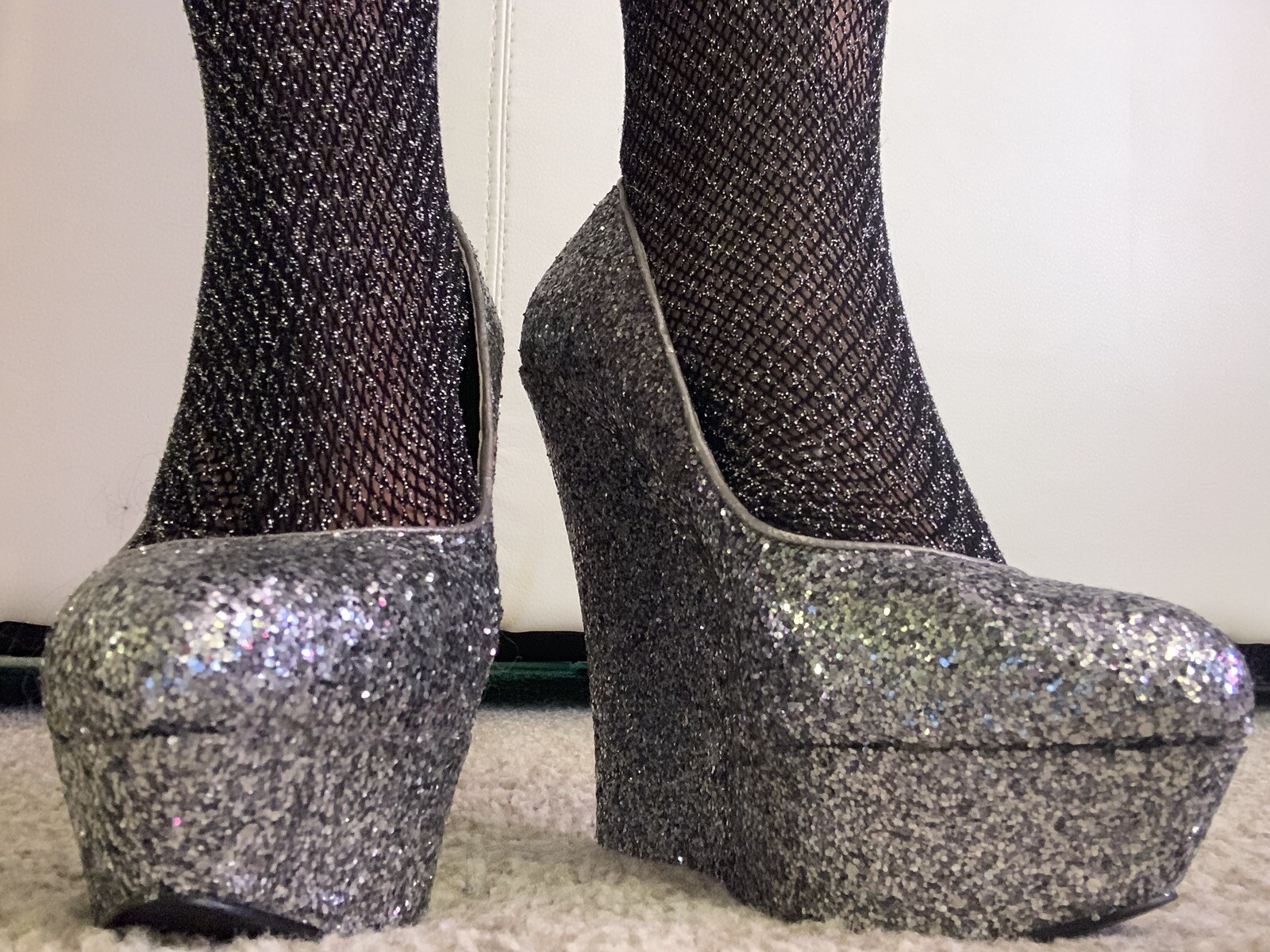 Bebe Silver Glitter Platform Wedges Size 7 Stylish Heels-image