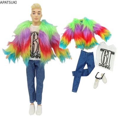 Bunte Kunstpelz Kleidung für Ken Puppe Outfits Jacke T-shirt Hose Schuhe Brille
