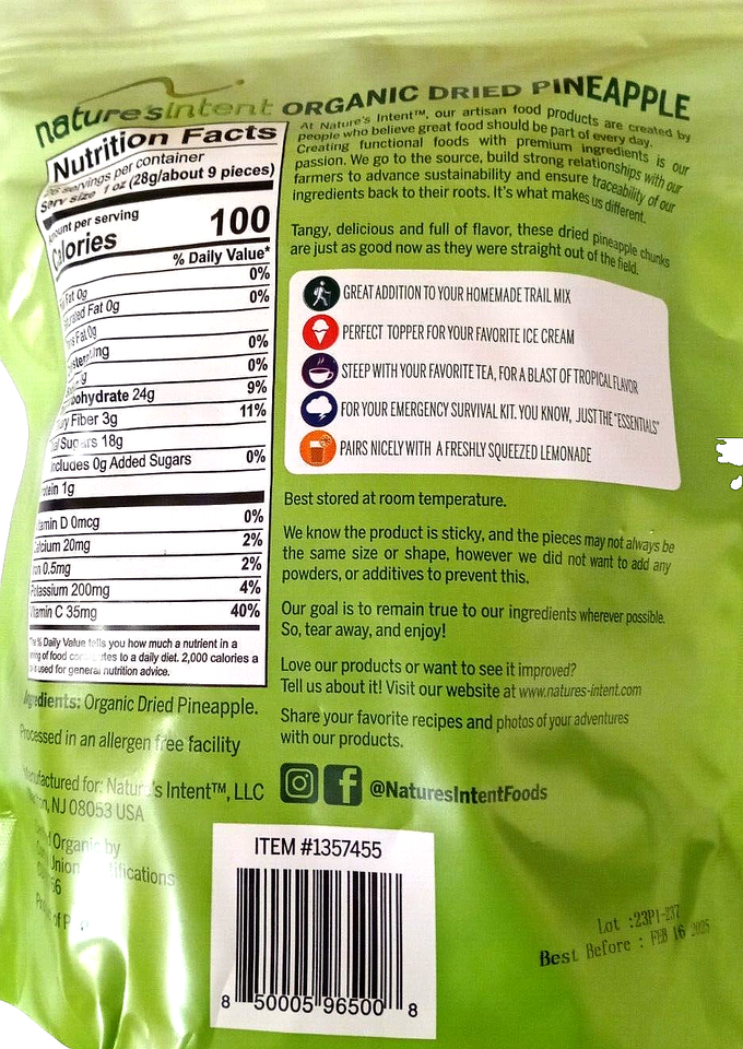 Nature's Intent Organic Dried Pineapple (NO Sugar Added) 26oz (737g) EXP 02/2025 eBay