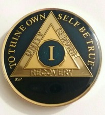 1 Year AA Sobriety Coin Medallion-Midnight Blue One 1st Recovery Chip 1 3/8 inch