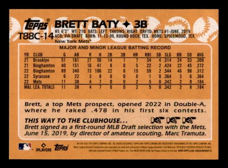 2023 Topps Series 1 Silver Pack #T88C-14 Brett Baty Mets Rookie - Image 2 of 2