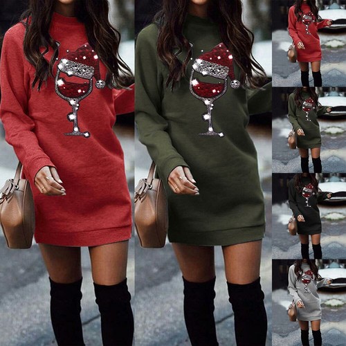 UK Damen Weihnachten Santa Sweatshirt Kleid Pullover Pulli Xmas Party Minikleid - Bild 3 von 14