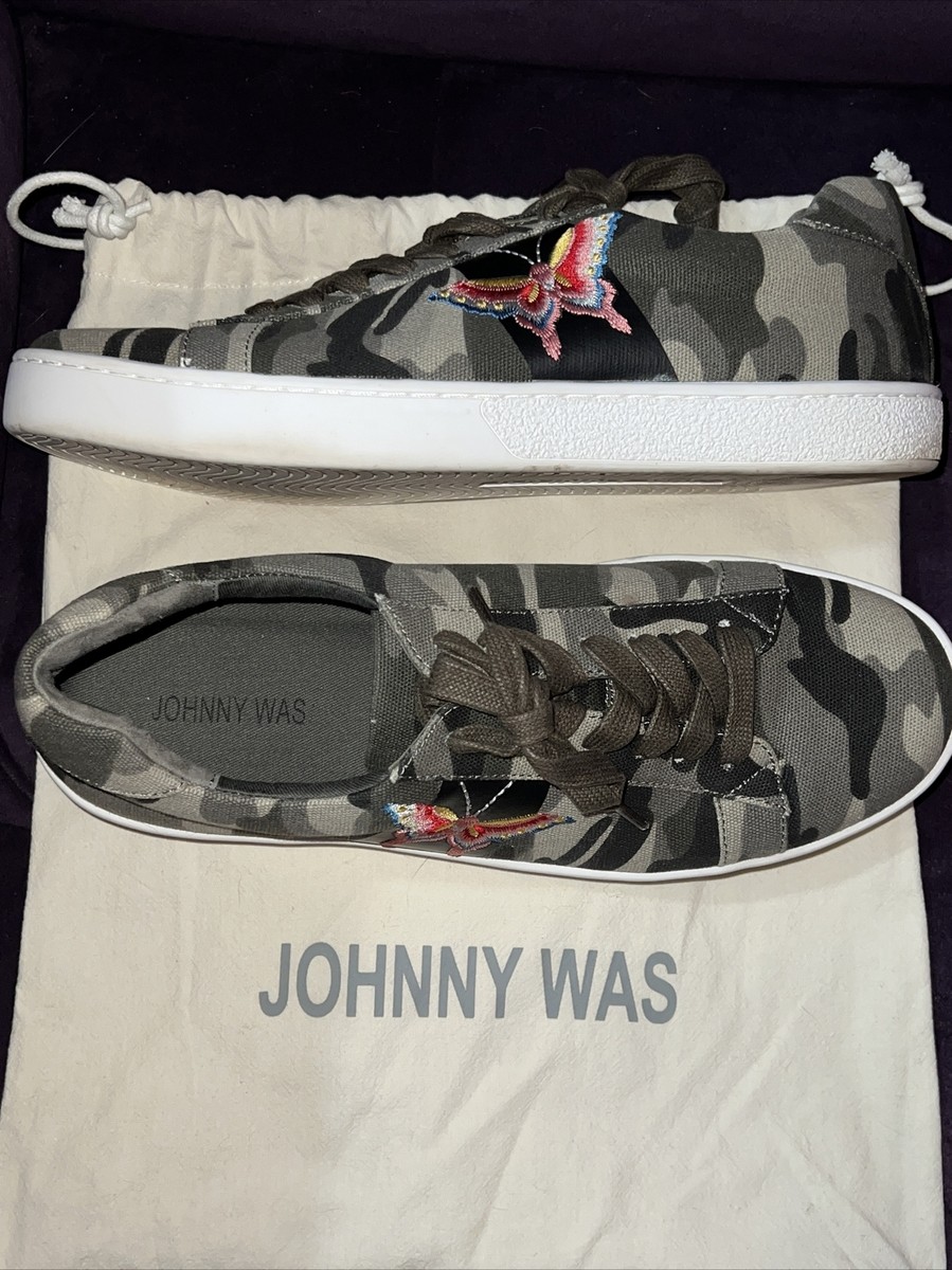 Johnny Was Green Camo Sneakers w/embroidered butterfly Size 10