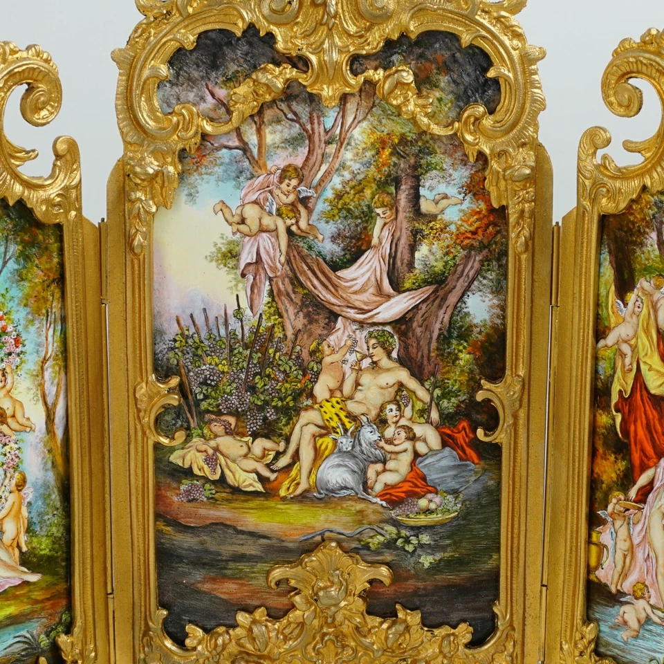 Антикварная венская эмаль на меди, позолоченная бронза, миниатюрный триптический экран 17 дюймов - Изображение 4 из 4