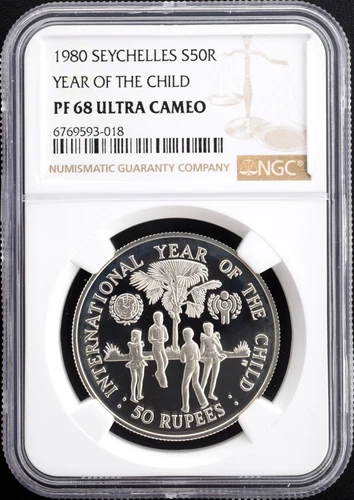 1980 Year Of The Child Seychelles Silver Proof 50 Rupees NGC PF 68 Ultra Cameo