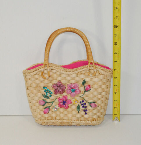 Gewebte Stroh Handtasche Bast Blumen Pailletten gefüttert rosa floral - Bild 10 von 12