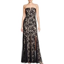 AQUA ~ Black Lace Notched Strapless Illusion Mesh Godets Formal Gown 2 NEW $278