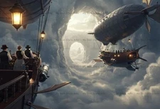 STEAMPUNK AIRSHIP IN CLOUD TUNNEL ART PRINT, Sky Voyage Poster, Fantasy Decor