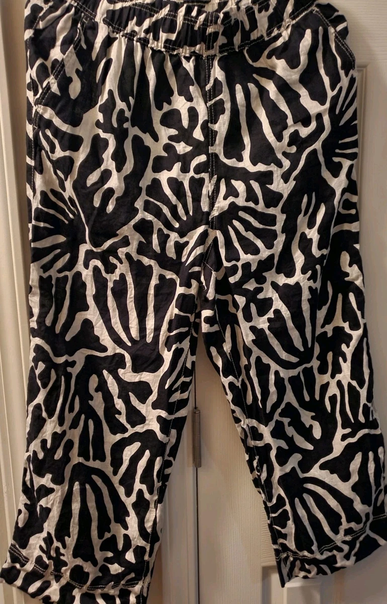 Pantalones al Tobillo H&M Lino Algodón Negro/Blanco Estampado Cebra Cordón Cintura Elástica S
