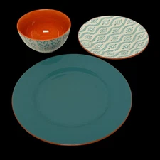 3 Piece Baum Tangier Dinner Plate Salad Plate And Soup Bowl Turquoise & Orange