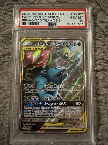 PSA 10 Celebi & Venusaur GX BLACK STAR PROMO TAG TEAM SM167 POKEMON CARD FAST SH